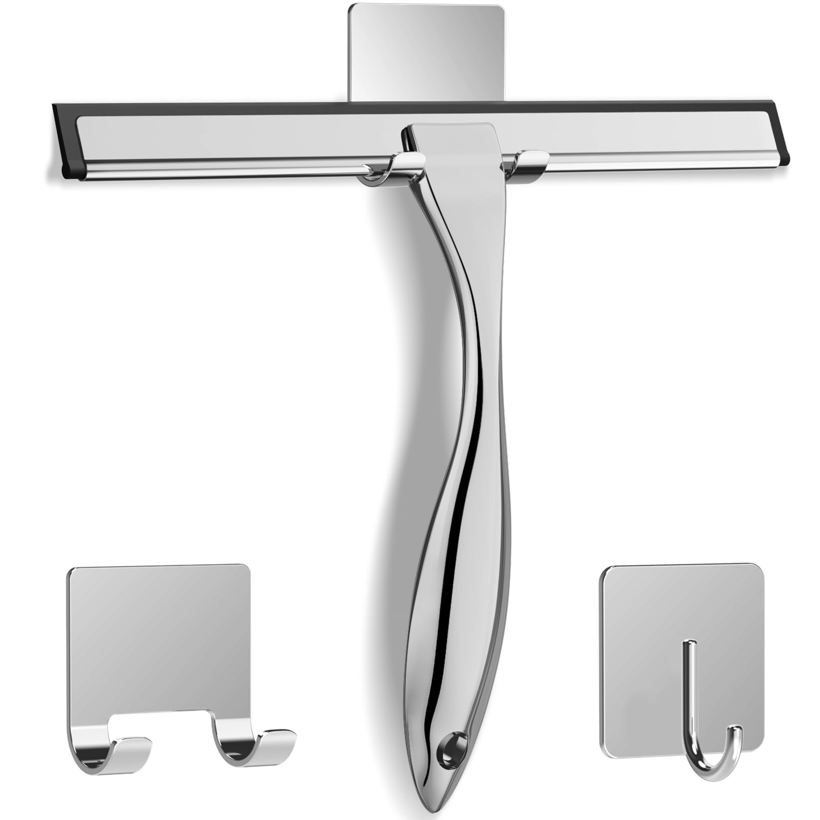 All-Purpose Stainless Steel Shower Squeegee for Shower Glass Door with 2 Adhesive Hooks, Bathroom Cleaner Tool Household Wind