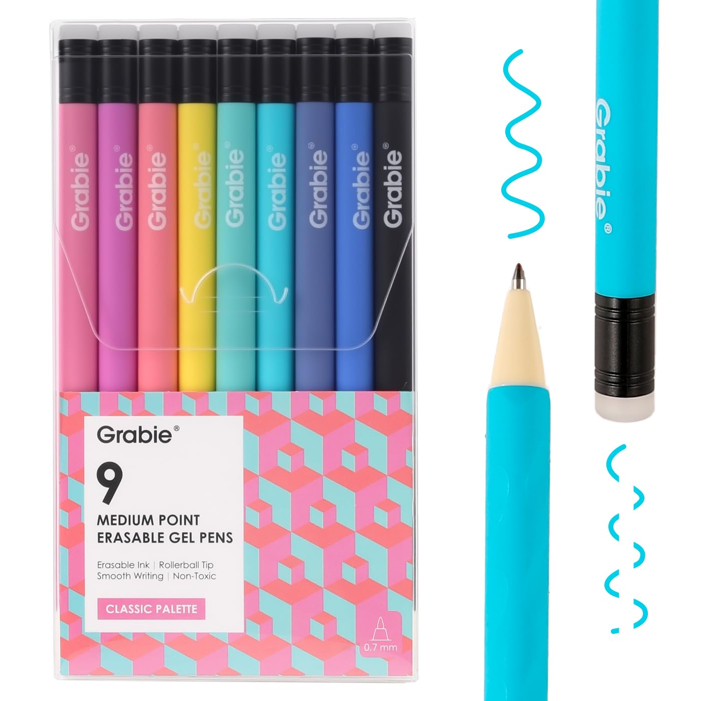 Grabie Erasable Gel Pens, Medium Point 0.7 mm Erasable Pens, Make Mistakes Disappear for Drawing Writing Planner, Pack of 9 A