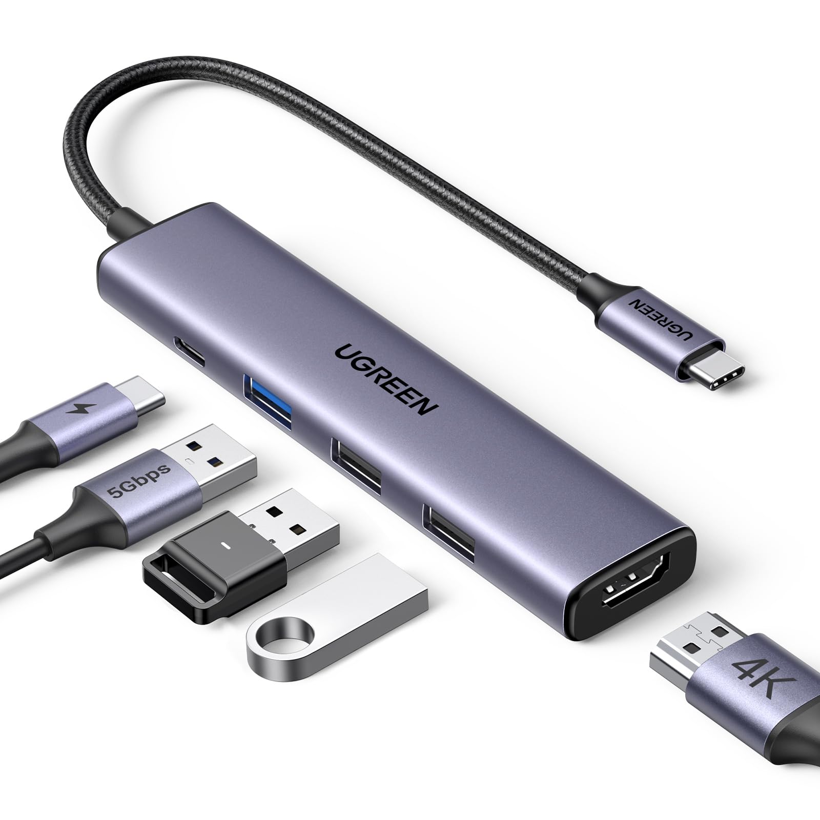 UGREEN USB C Hub 5 in 1 Multiport USB Adapter 4K HDMI, 100W Power Delivery, 3 USB-A Data Ports, USB C Dongle for MacBook Pro/