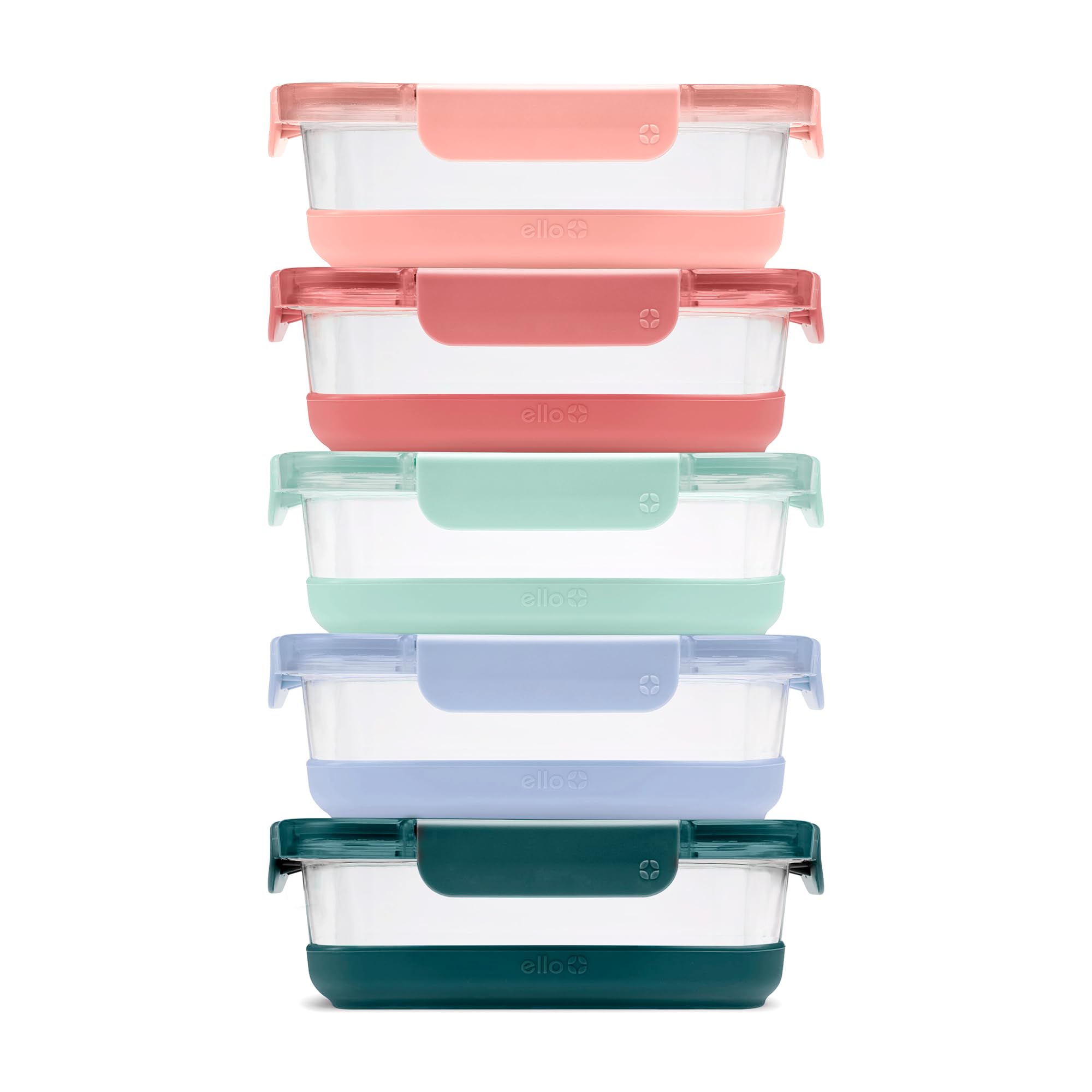 Ello Duraglass Refresh 3.4 Cup Meal Prep Sets 10Pc, 5 Pack Set- Glass Food Storage Container with Silicone Boot and Airtight BPA-Free Plastic Lids, Dishwasher, Microwave and Freezer Safe, Melon