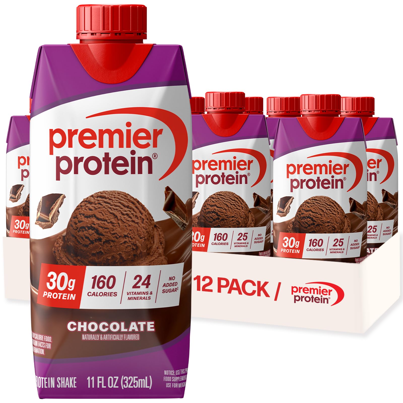 Premier Protein Shake, Chocolate, 30g Protein, No Added Sugar, 24 Vitamins & Minerals to Support Immune Health, 11 fl oz, 12