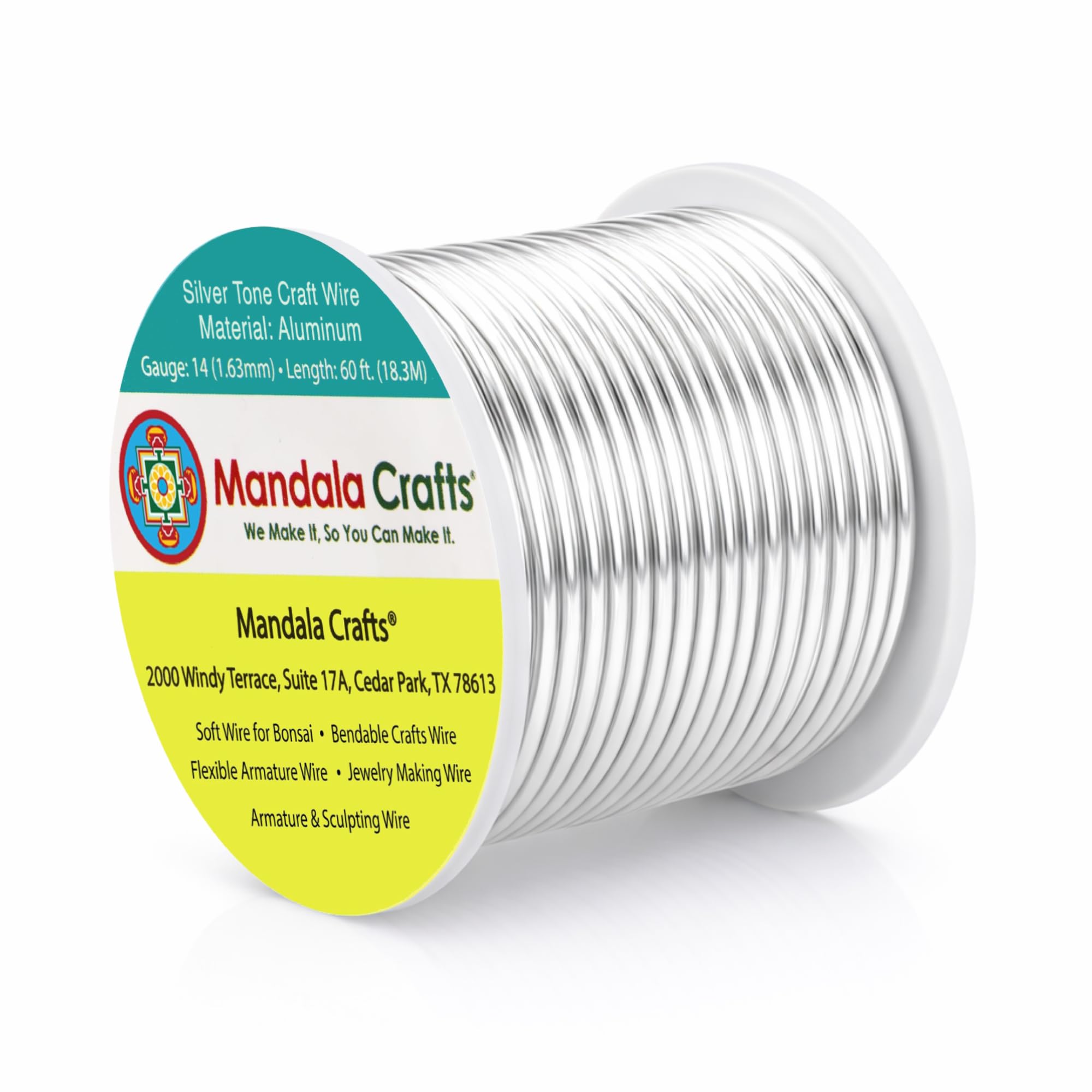 Mandala Crafts 14 Gauge Anodized Aluminum Craft Wire for Jewelry Making - 60 FT Colored Flexible Silver Tone Wire - Bendable