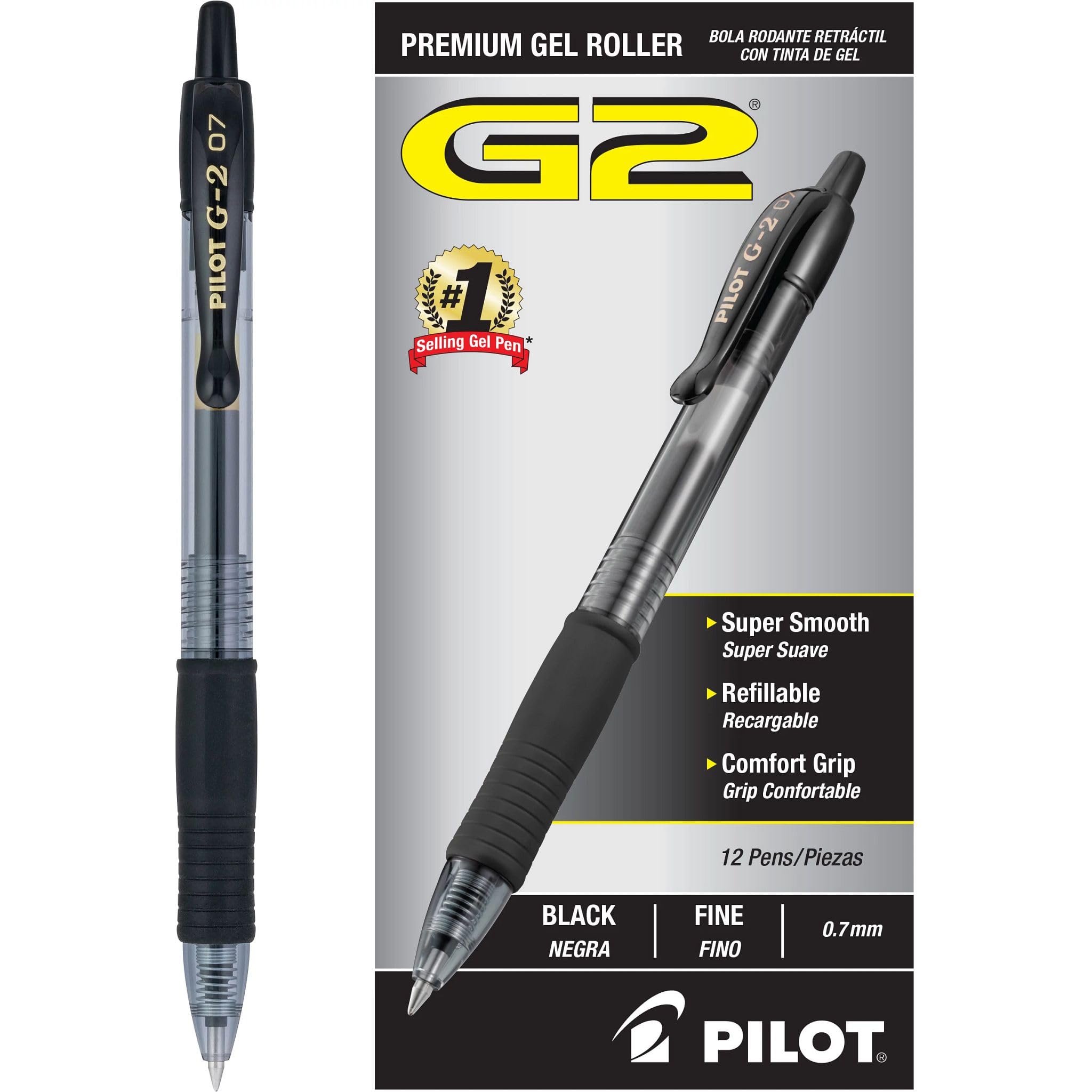 Pilot G2 Pens, Premium Refillable and Retractable Rolling Ball Gel Pens, Fine Point, 0.7mm, Black Ink, 12-Pack (31020)