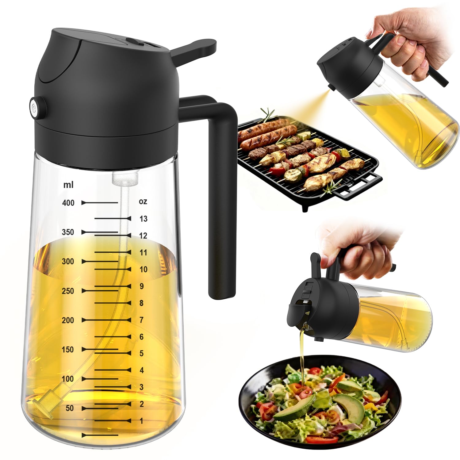 TrendPlain 16oz/470ml Glass Olive Oil Sprayer for Cooking – 2 in 1 Olive Oil Dispenser Bottle for Kitchen Gadgets and Air Fry