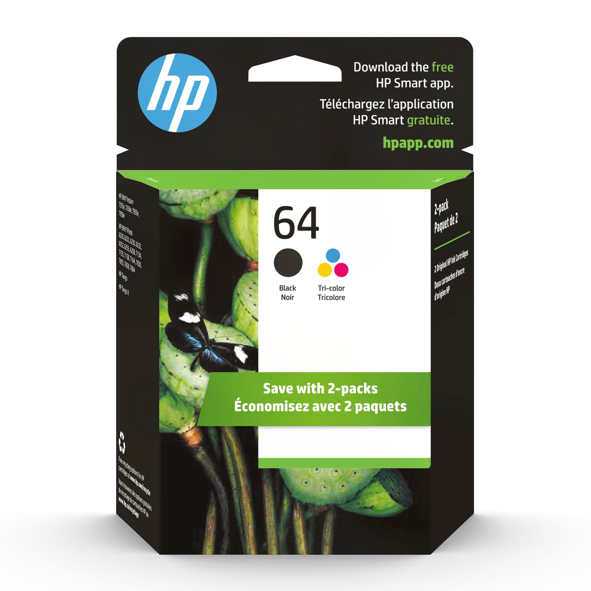 HP 64 Black & Tri-Color Ink Cartridges Printers (Combo Pack) | Works with Printer Series: Inspire 7950e; Envy Photo 6200, 710