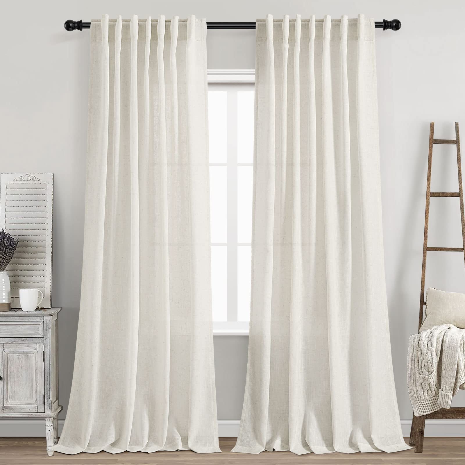Cream Linen Back Tab Curtains 84 Inch Length for Living Room 2 Panel Set Neutral Modern Farmhouse Window Privacy Semi Sheer L