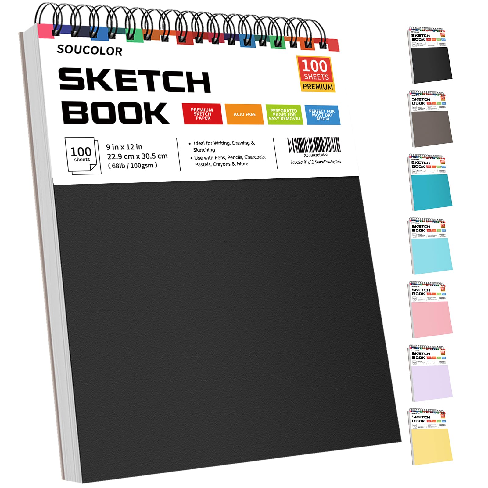 Soucolor 9" x 12" Sketch Book, 100 Sheets Top Spiral Bound Sketchbook with Acid-Free 68lb/100gsm Thick Drawing Paper, Art Ske