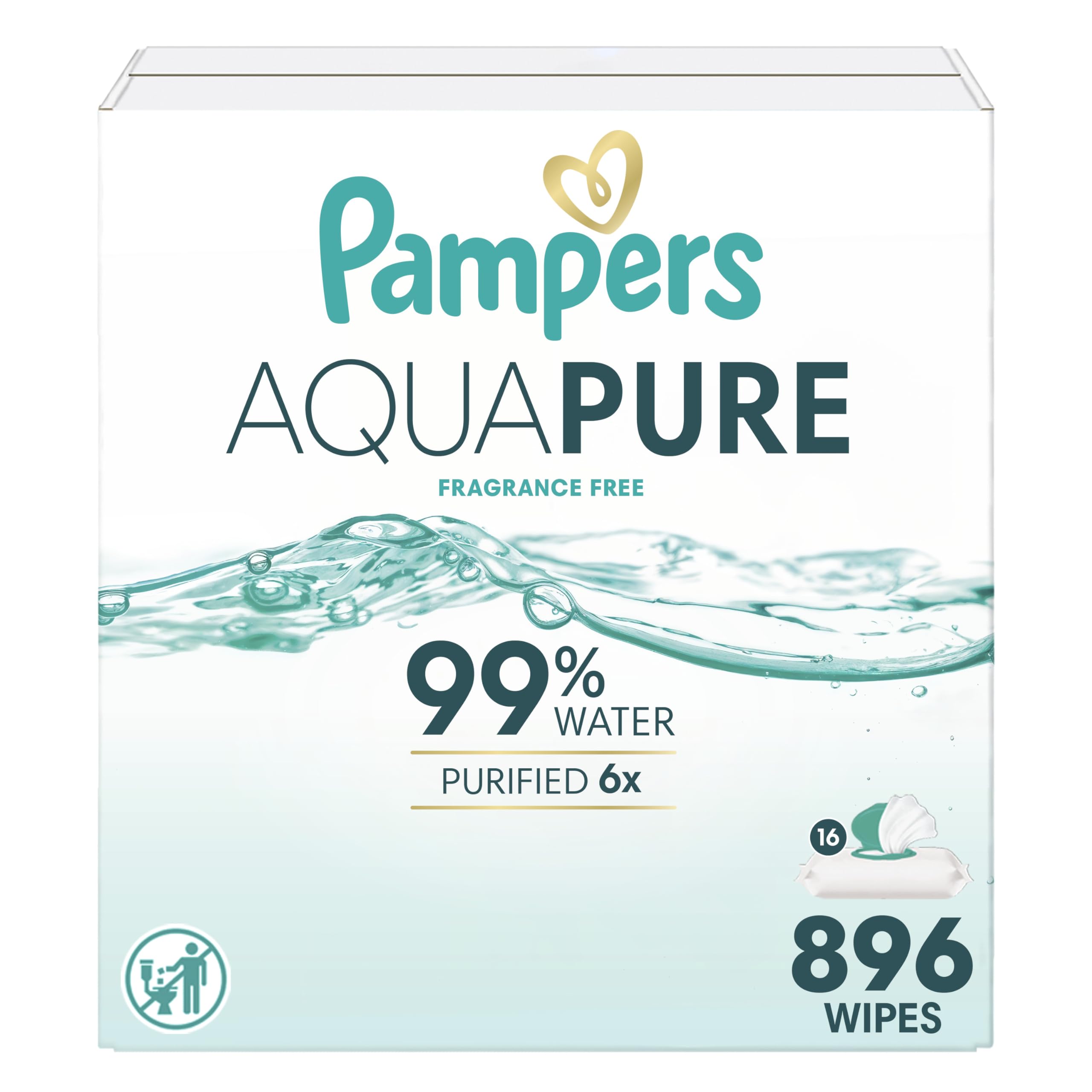 Pampers Aqua Pure Baby Wipes, 99% Water, Fragrance Free, Unscented, Water Based, Multi-Use, 896 Wipes Total (16X Flip-Top Pac