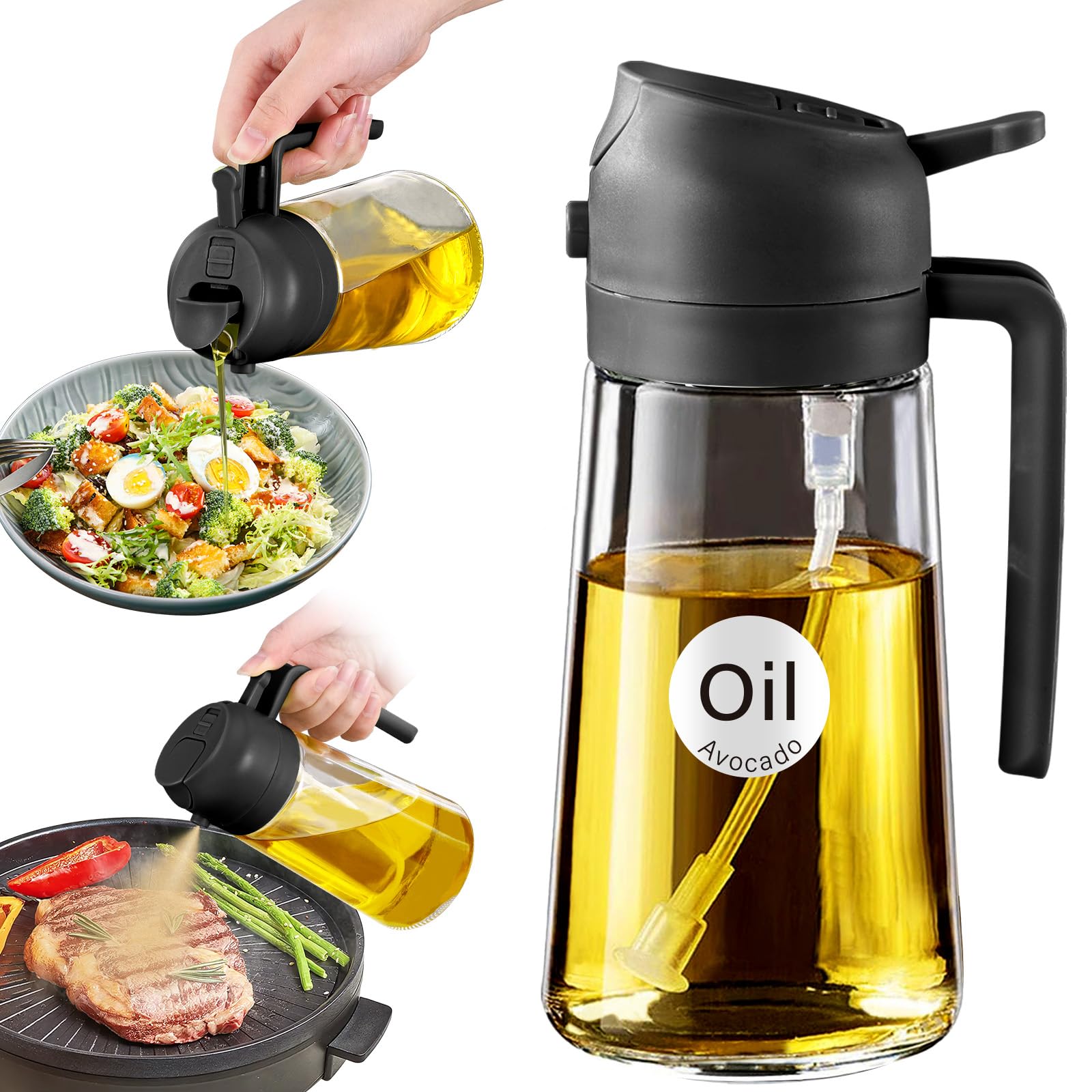 YARRAMATE 16oz/470ml Glass Olive Oil Sprayer for Cooking with Stickers, 2 in 1 Oil Dispenser for Kitchen Gadgets, Food Grade