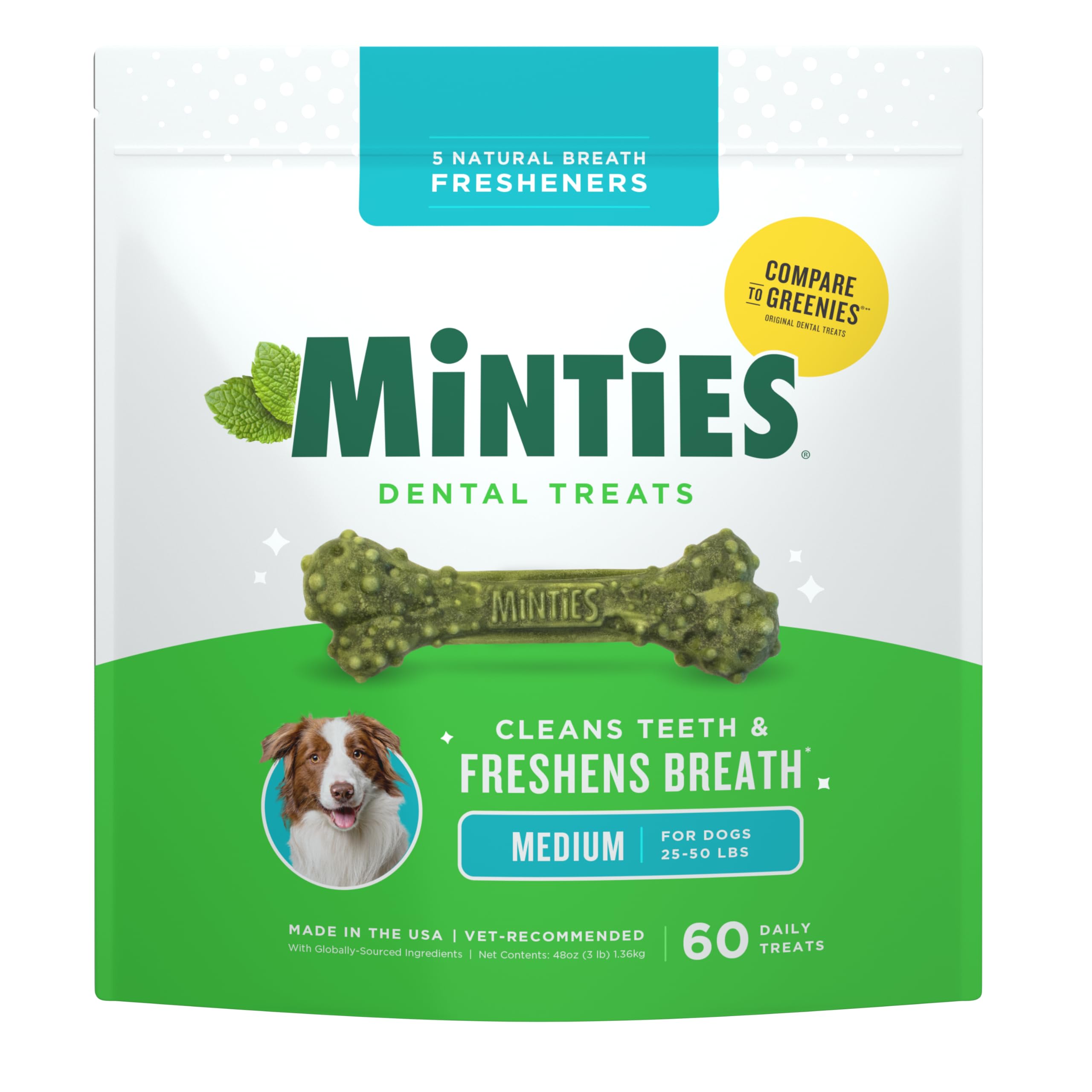 Minties Dental Chews for Dogs, 60 Count, Vet-Recommended Mint-Flavored Dental Dog Treats for Medium Dogs, Bones Clean Teeth,