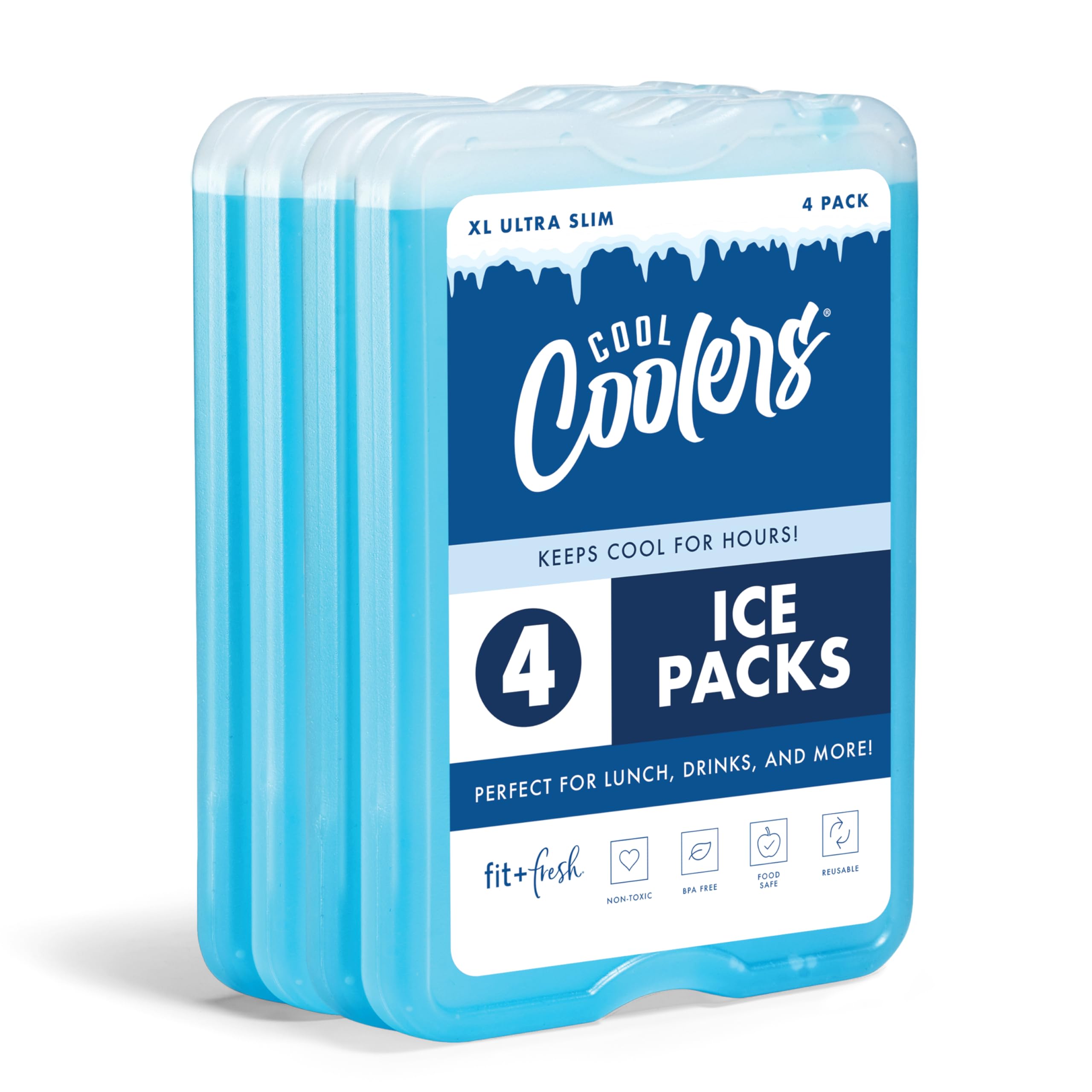 Cool Coolers by Fit & Fresh 4 Pack XL Slim Ice Packs, Quick Freeze Space Saving Reusable Ice Packs for Lunch Boxes or Coolers