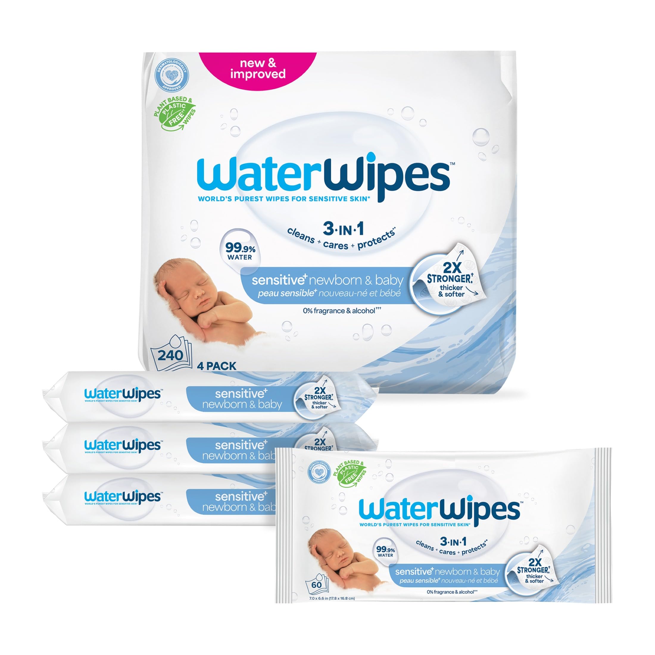 WaterWipes Sensitive+ Newborn & Baby Wipes, 3-In-1 Cleans, Cares, Protects, 99.9% Water, Unscented & Hypoallergenic, 240 Coun