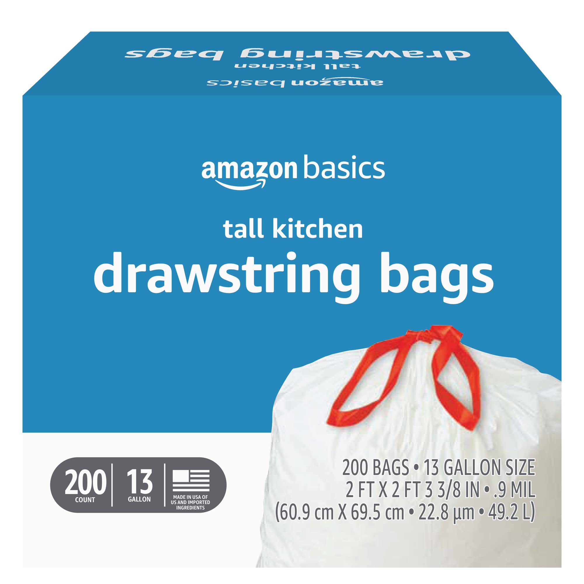 Amazon Basics Trash Bags, Tall Kitchen Drawstring, Unscented, 13 Gallon, 200 Count, Pack of 1, Packaging May Vary