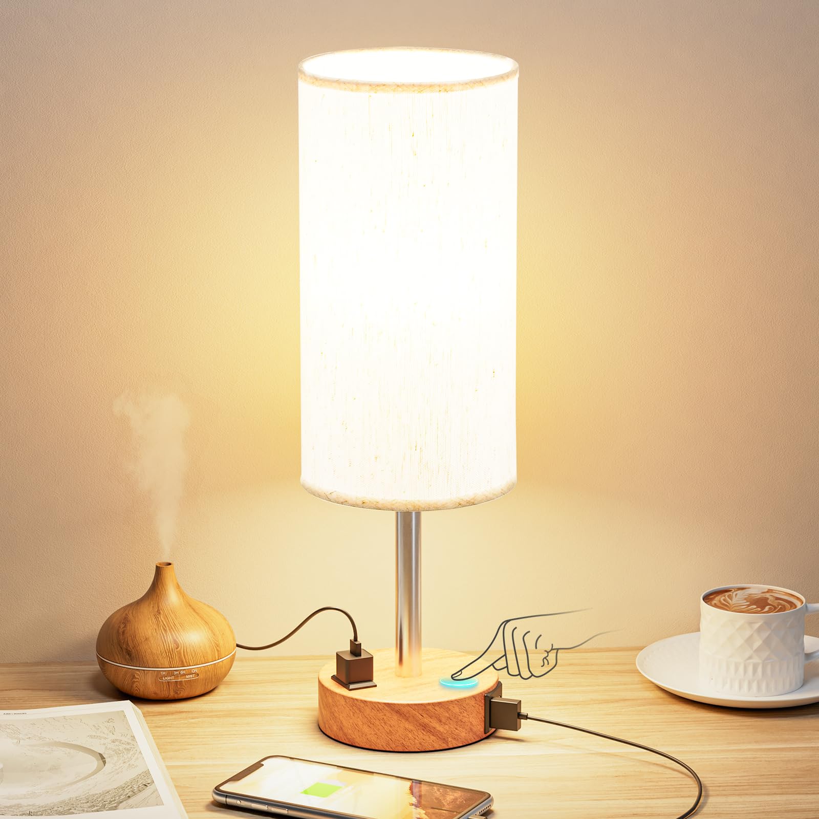 Fenmzee Bedside Table Lamp for Bedroom - 3 Way Dimmable Touch Lamp USB C Charging Ports and AC Outlet, Small Lamp Wood Base R