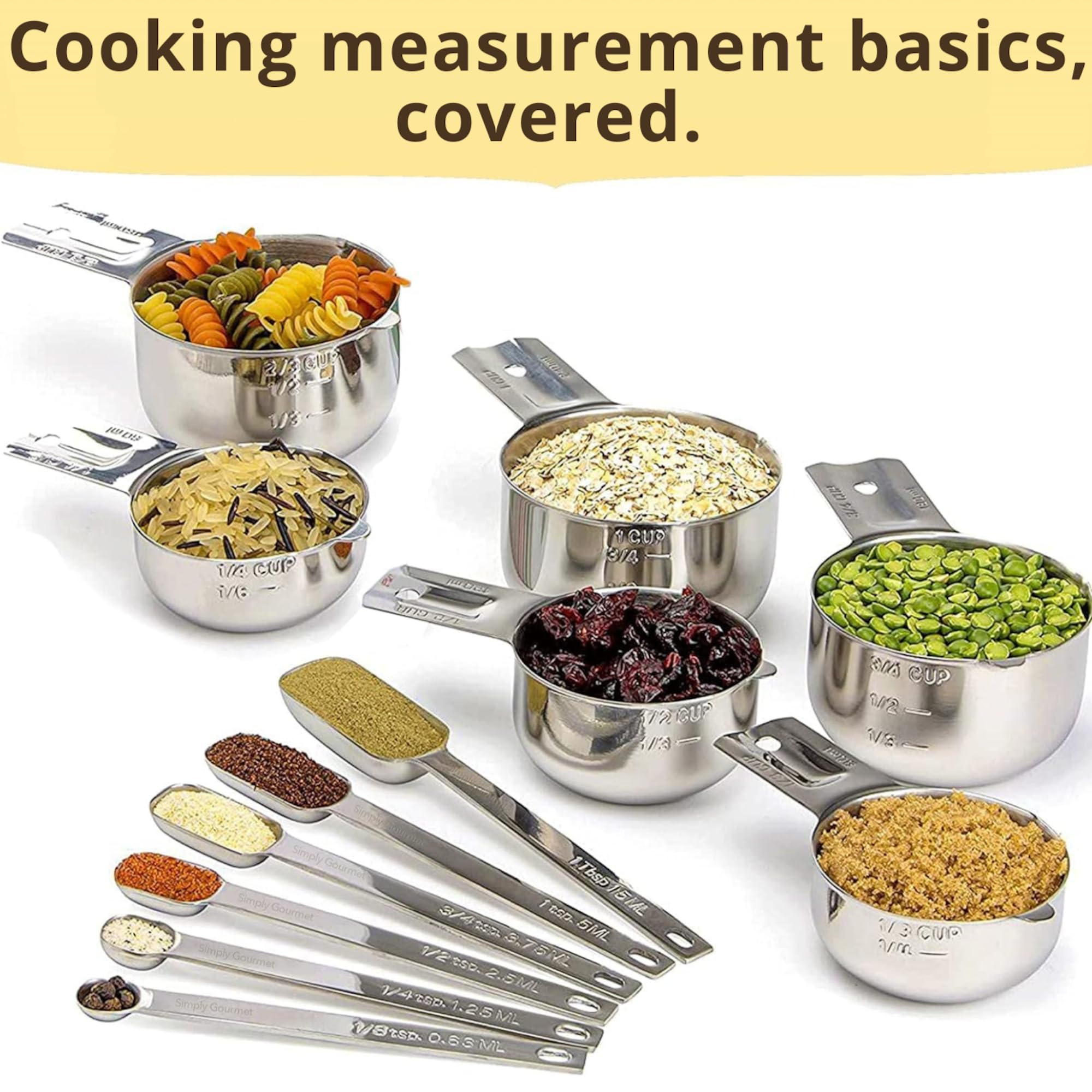 Simply Gourmet Measuring Cups & Spoons Set of 12, 18/08 Stainless Steel Kitchen Gadgets, Stackable Design with Long Handle Spoons, Fits in Spice Jars, Cooking & Baking Set for Dry & Liquid