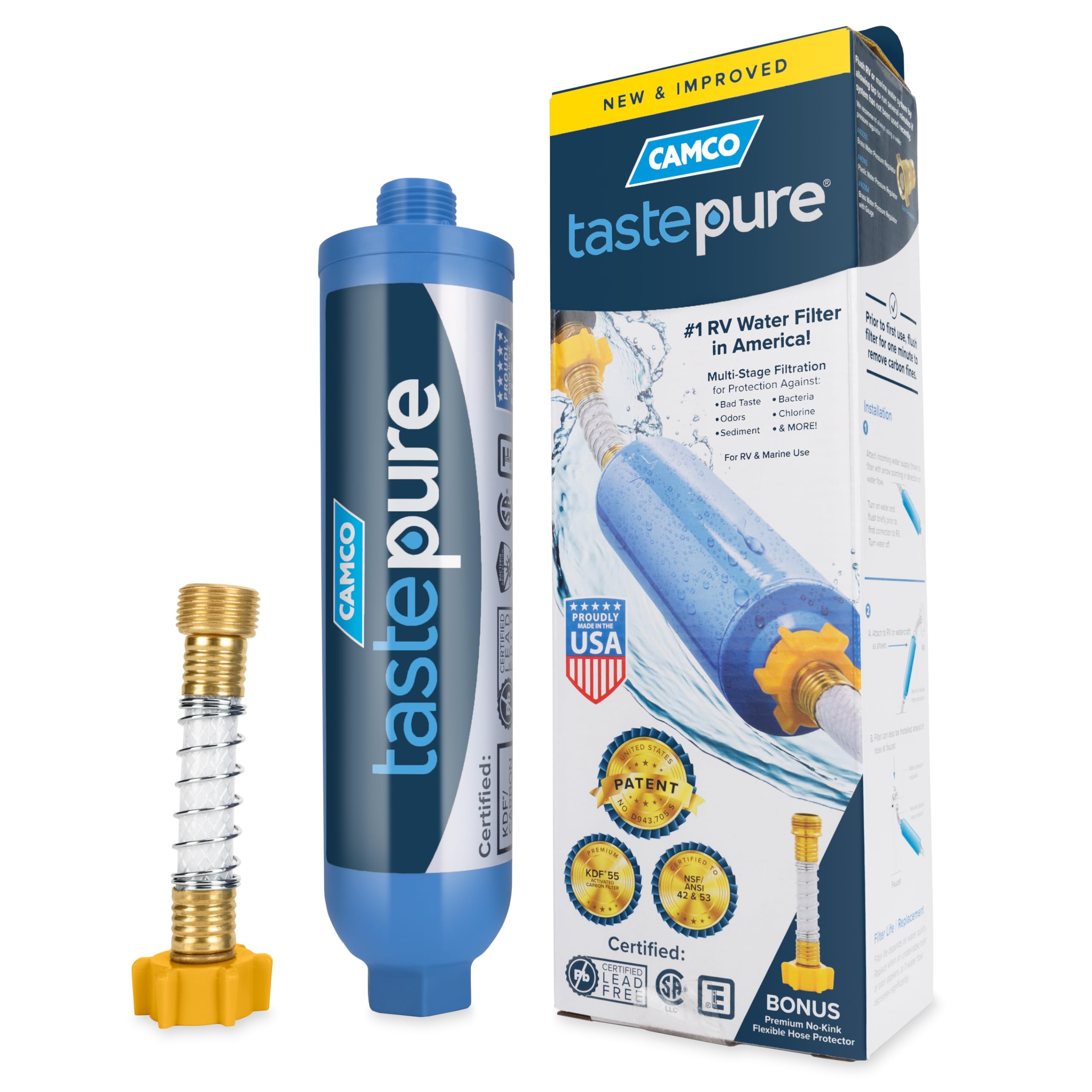 Camco Tastepure RV Water Filter - Advanced RV Inline Water Filter with Flexible Hose Protector - GAC & KDF Filtration - Made