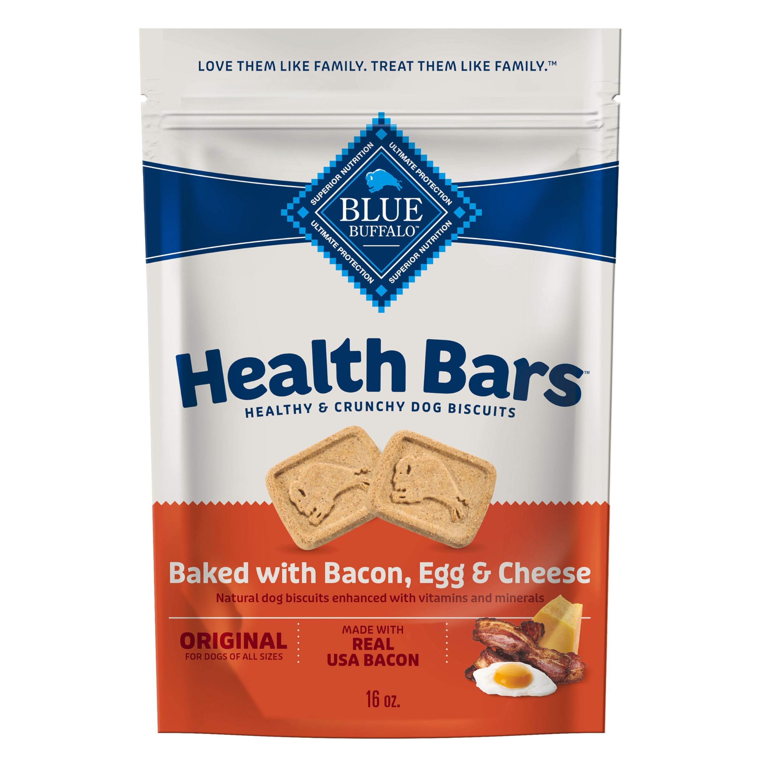 Blue Buffalo Health Bars Bacon, Egg & Cheese Crunchy Dog Biscuits, Oven-Baked with Real Bacon & Natural Ingredients, Healthy