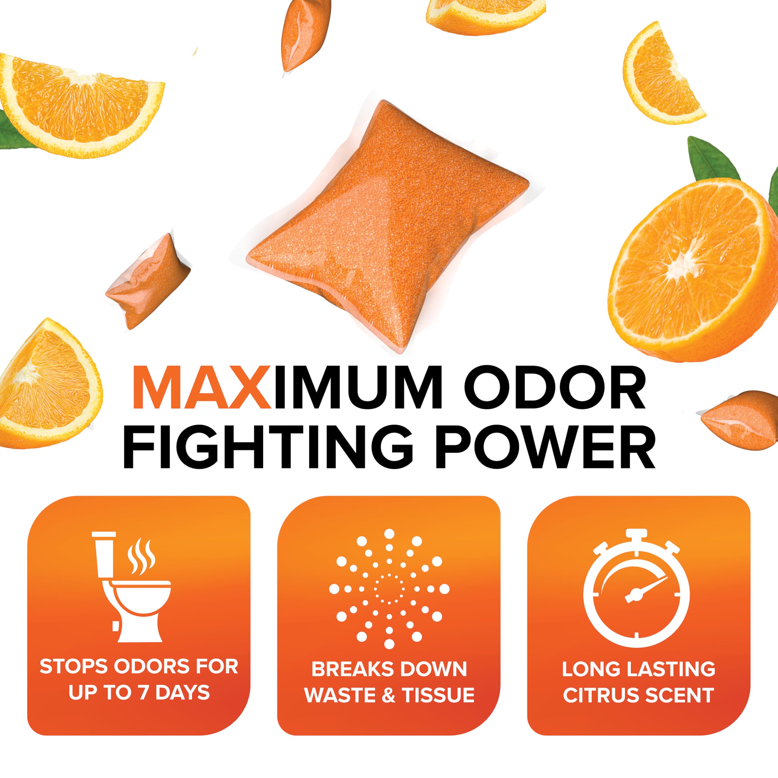Camco TST MAX RV Toilet Treatment Drop-INs - Control Unwanted Odors & Break Down Waste and Tissue - Safe Septic Tank Treatment - Orange Scent, 30-Pack (41183)