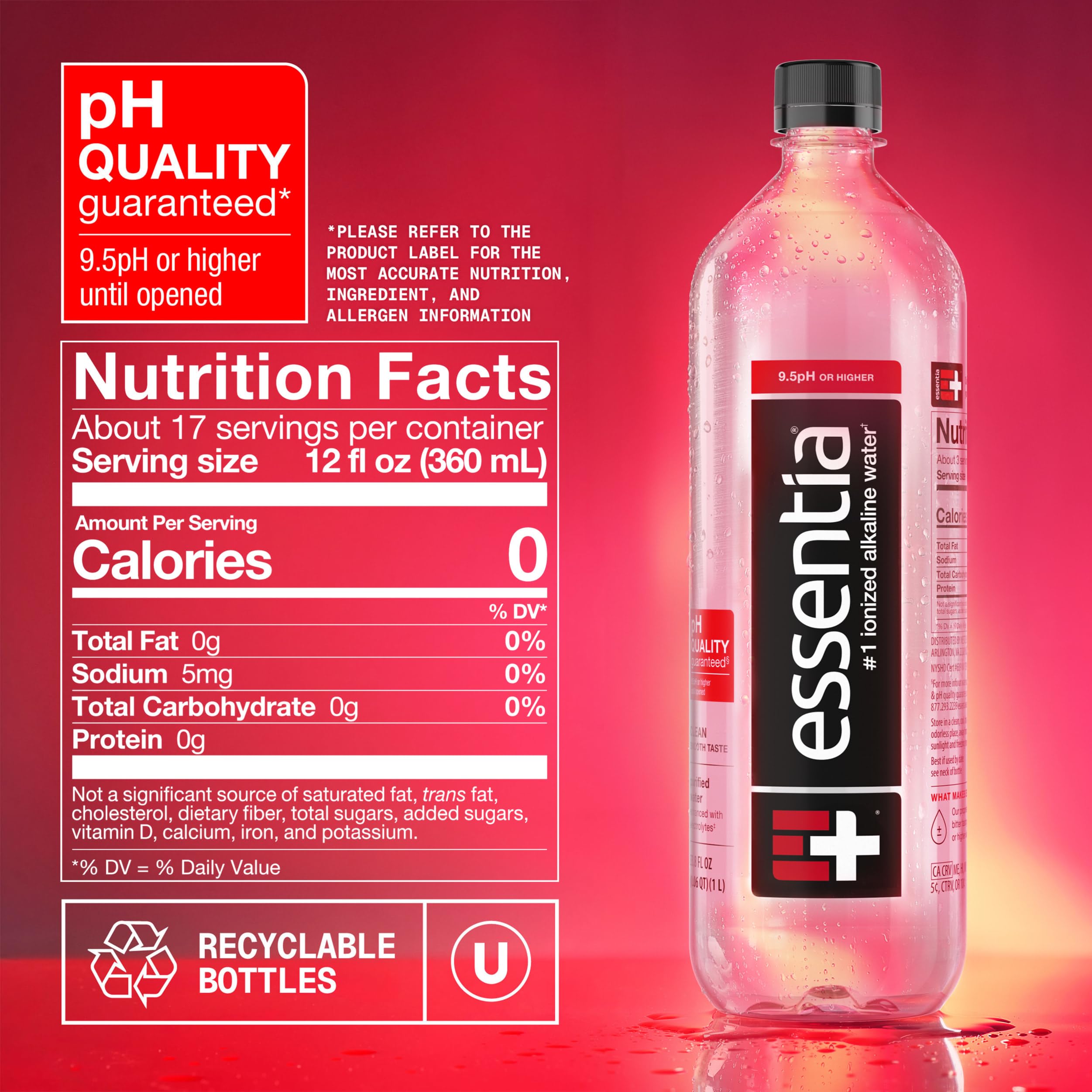 Essentia Ionized Alkaline Water, 9.5 Ph Until Opened, 99.9% Pure, Bottled Water, 12Pk