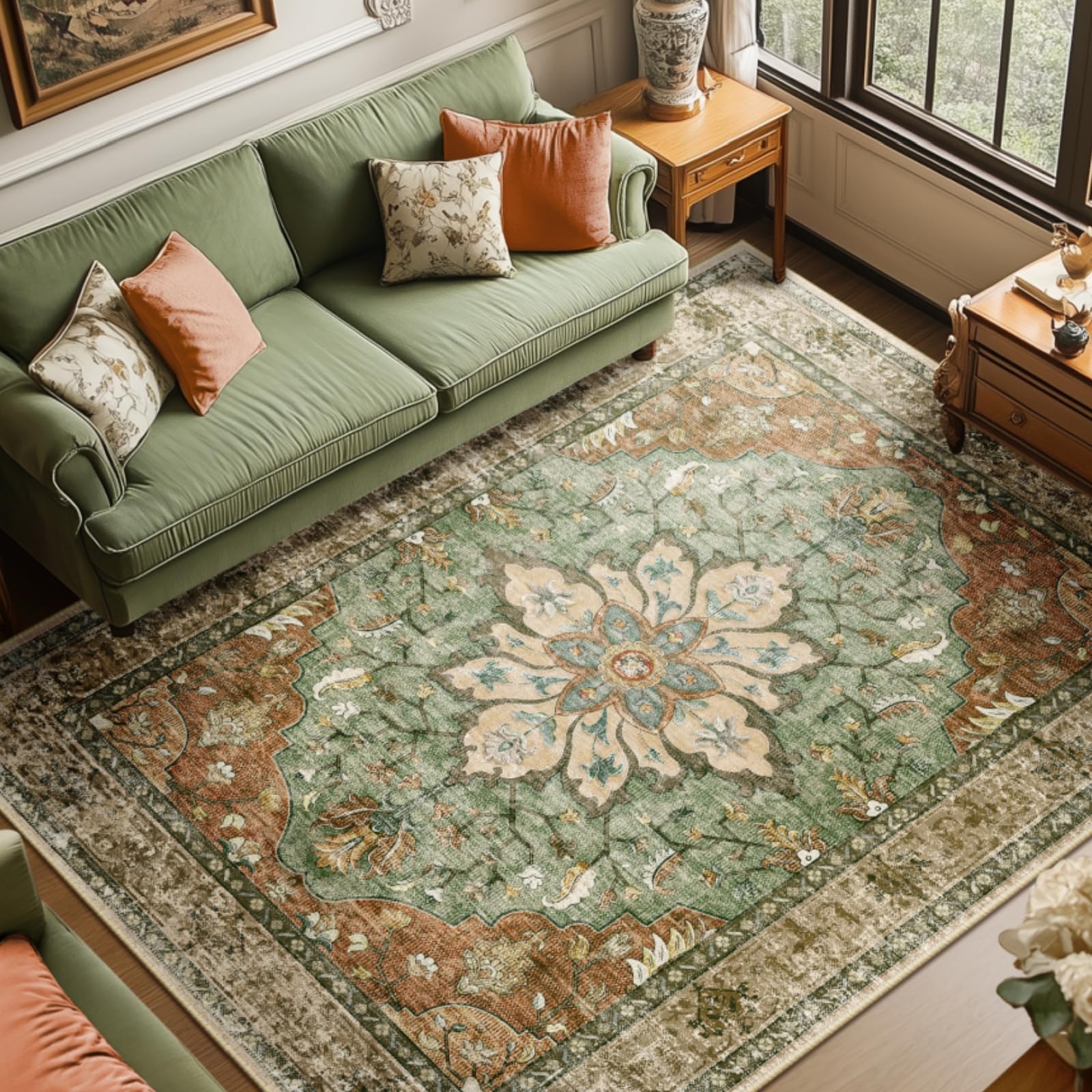 RELEANY Area Rugs 8'x10' Washable Non-Slip, Floral Vintage Distress Medallion Carpet for Living Room Bedroom Dining Room, Ter