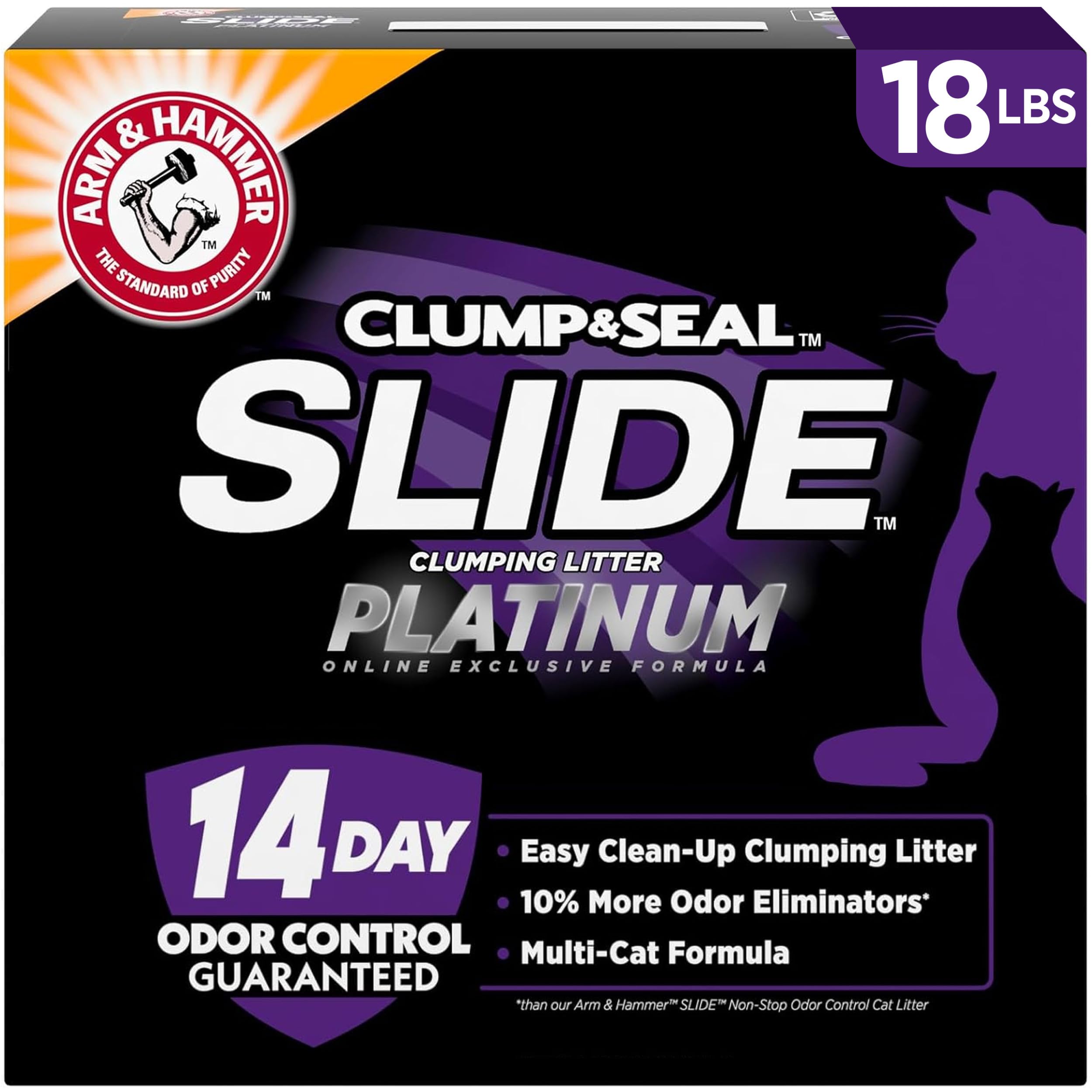 ARM & HAMMER Slide Platinum Easy Clean-Up Clumping Cat Litter, 24/7 Odor Control with Triple-Action Freshness, Non-Stick, Low