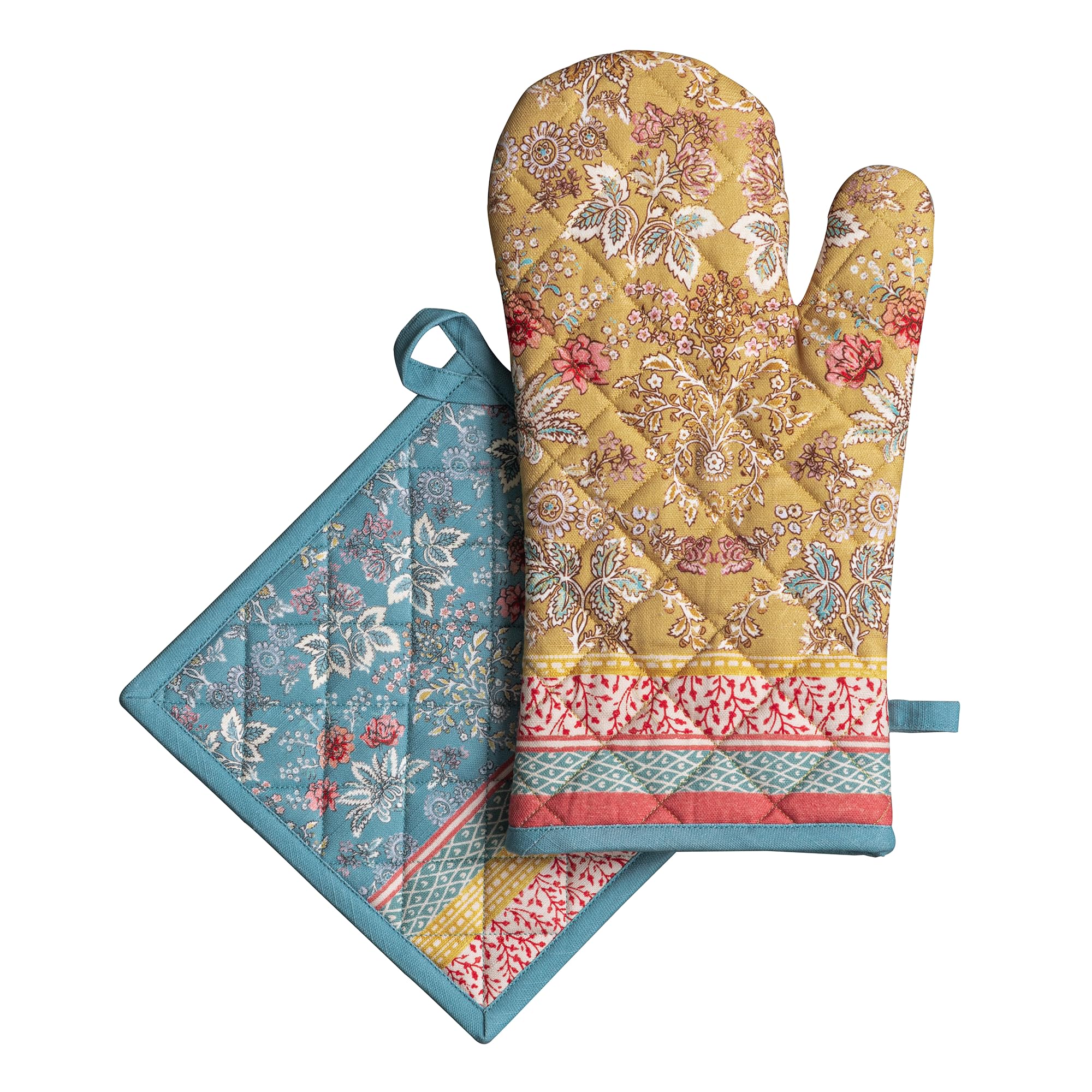Maison d' Hermine 100% Cotton Oven Mitt & Pot Holder Set (7.5"x13" & 8"x8") Heat Resistant BBQ Cooking Gloves with Loop Bakin