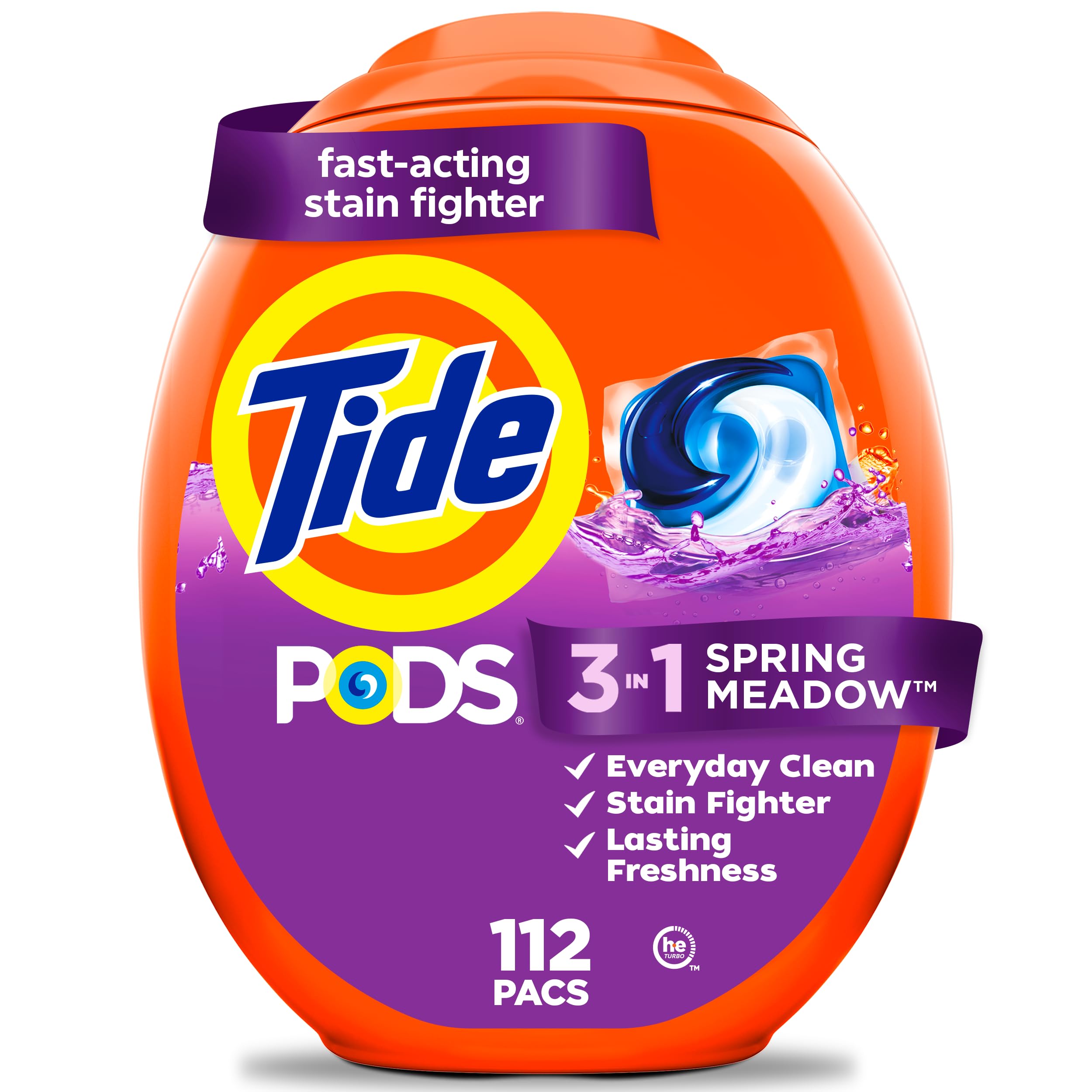 Tide PODS laundry detergent pacs, 3-in-1 Stain Remover, Odor Fighter, Color Protector, 112 Count, HE compatible, Spring Meado