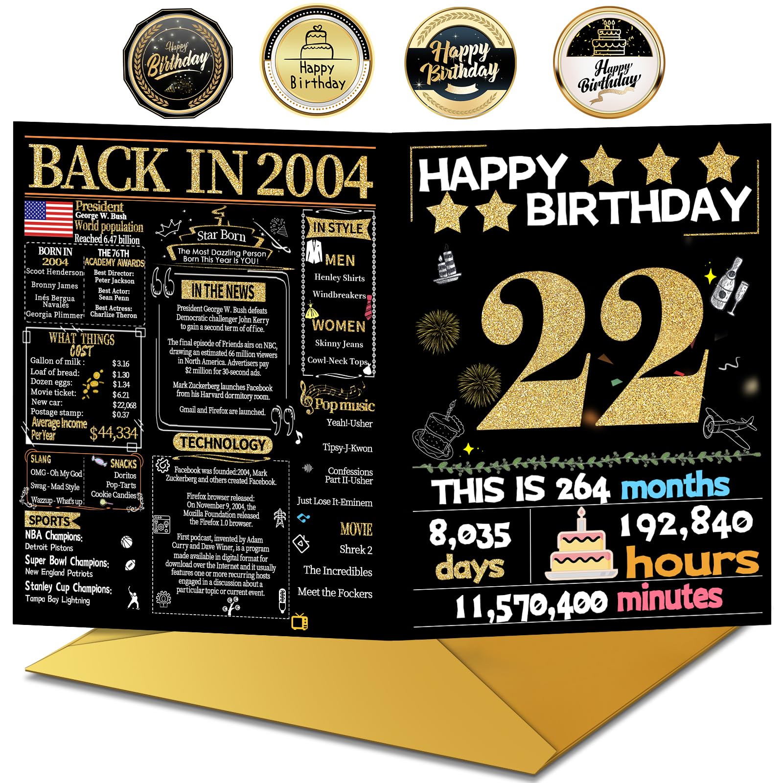 22nd Birthday Card with Envelope, 22nd Birthday Decorations for Her Him, 22nd Birthday Gifts, Perfect for Daughter Son, Happy